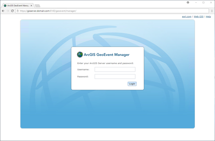 ArcGIS GeoEvent Manager log in page. ArcGIS GeoEvent Manager log in page.