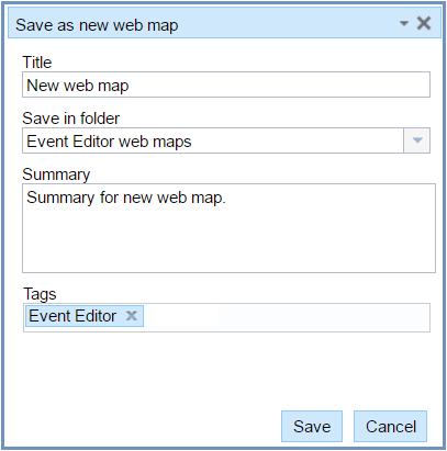 Save as new web map dialog box Save as new web map dialog box